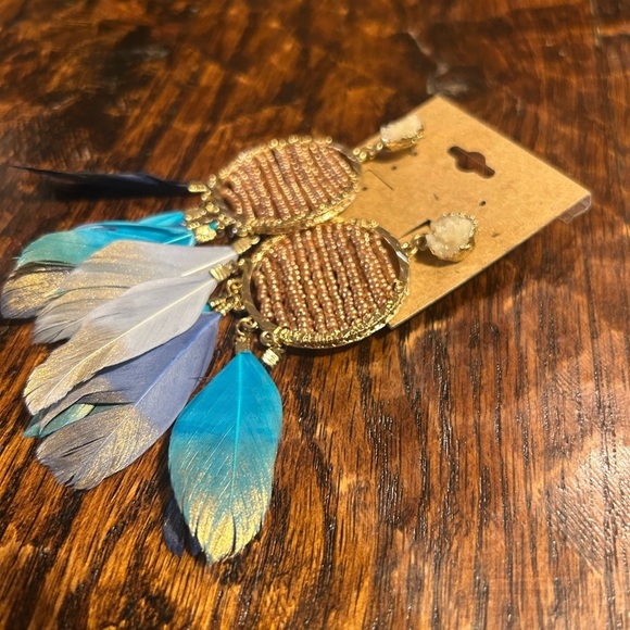 NWT Feather Drop Earring Blue / Gold - Picture 4 of 5